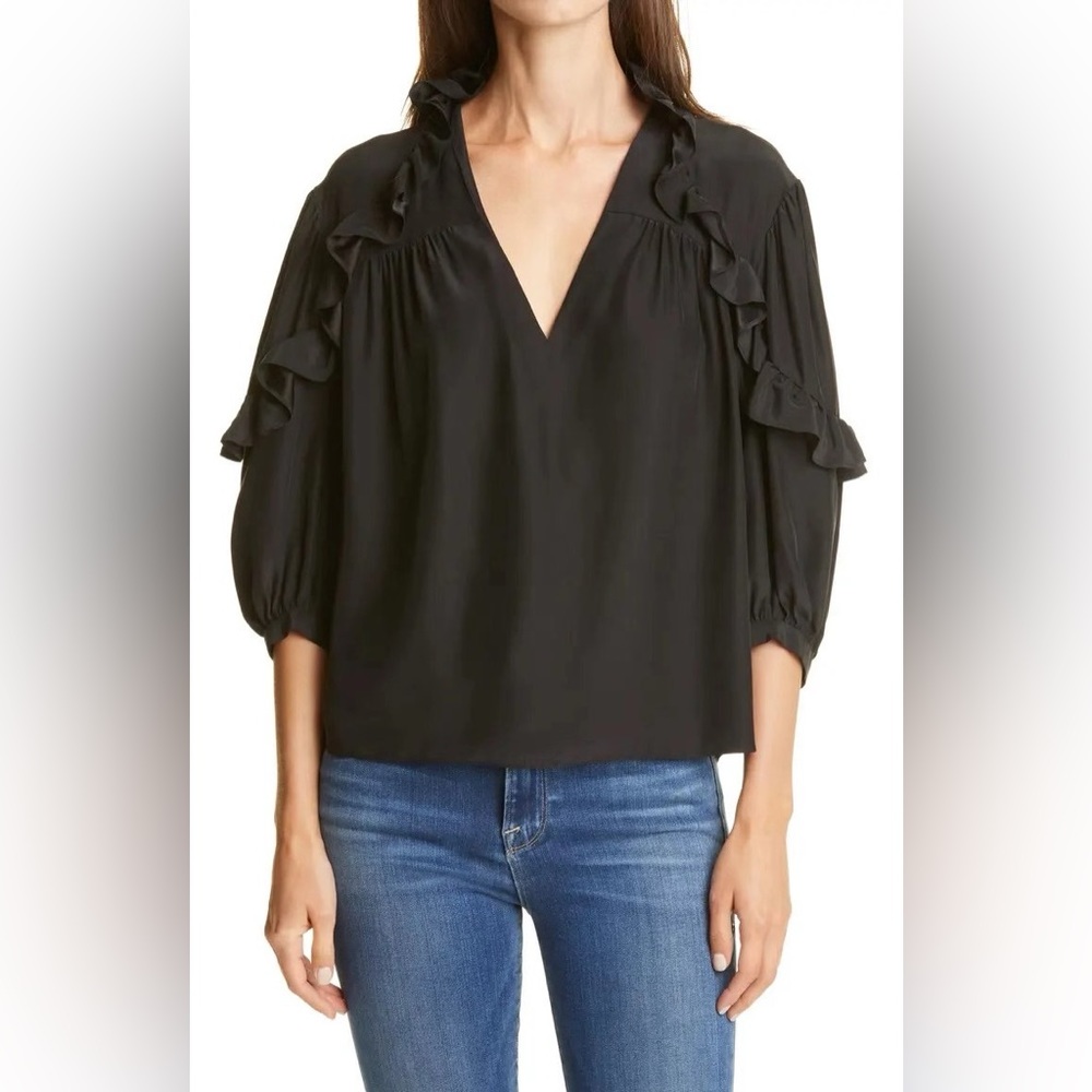 NWT Frame Cali Ruffle Black Silk Top V Neck Top Blouse